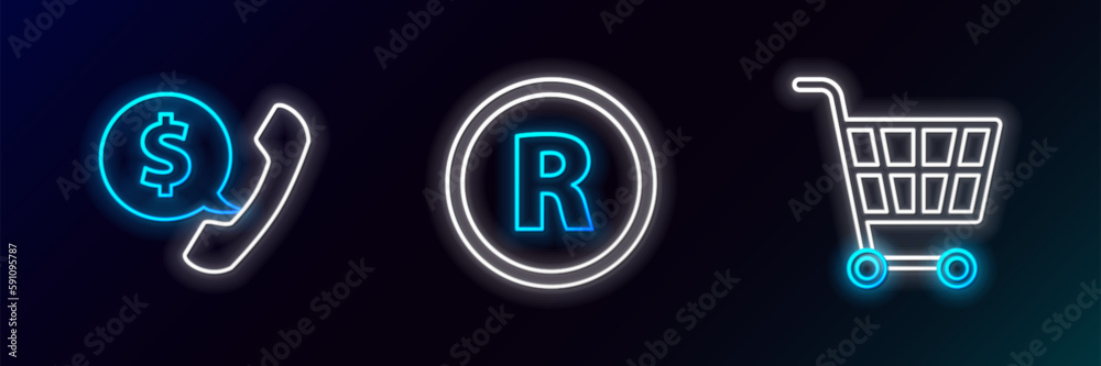 Set line Shopping cart, Telephone handset and speech bubble chat and Registered Trademark icon. Glowing neon. Vector Set line Shopping cart, Telephone handset and speech bubble chat and Registered Trademark icon. Glowing neon. Vector