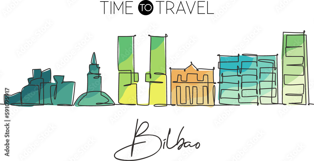 One continuous line drawing of Bilbao city skyline, Spain. Beautiful skyscraper postcard. World landscape tourism travel wall decor poster concept. Stylish single line draw design vector illustration