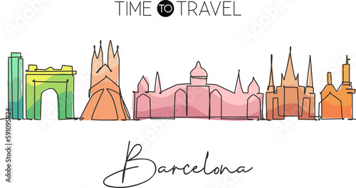 Single continuous line drawing of Barcelona city skyline, Spain. Famous city skyscraper landscape postcard. World travel concept wall decor poster art. Modern one line draw design vector illustration