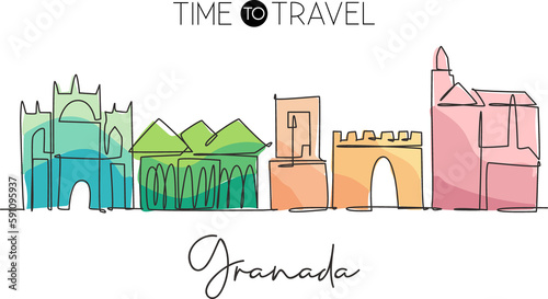 One single line drawing of Granada city skyline, Spain. Historical landscape in world postcard. Best holiday destination wall decor poster art. Trendy continuous line draw design vector illustration