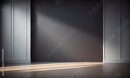 Empty light dark wall with beautiful chiaroscuro and wooden floor. Minimalist background for product presentation  mock up. Ai generative