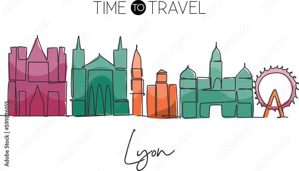 Single continuous line drawing of Lyon city skyline France. Famous city skyscraper landscape. World travel wall decor art print poster concept. Editable modern one line draw design vector illustration