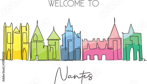 One continuous line drawing of Nantes city skyline, France. Beautiful city skyscraper. World landscape tourism travel wall decor poster art concept. Stylish single line draw design vector illustration