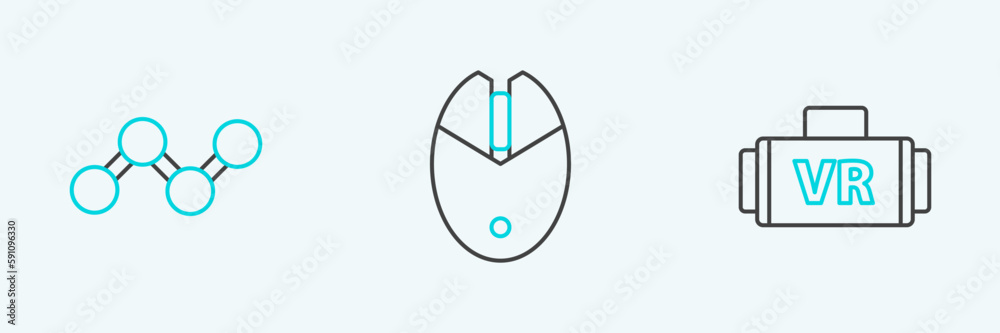 Set line Virtual reality glasses, Share and Computer mouse gaming icon. Vector Set line Virtual reality glasses, Share and Computer mouse gaming icon. Vector