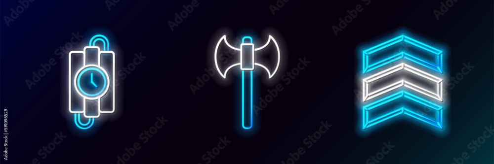 Set line Military rank, dynamite stick and timer clock and Medieval axe icon. Glowing neon. Vector Set line Military rank, dynamite stick and timer clock and Medieval axe icon. Glowing neon. Vector