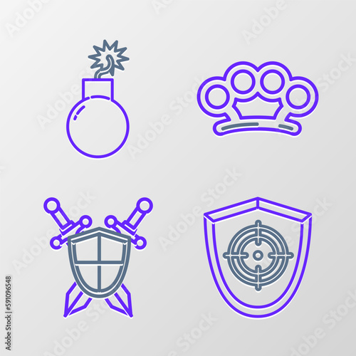 Set line Target sport, Medieval shield with crossed swords, Brass knuckles and Bomb ready to explode icon. Vector