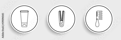 Set line Hairbrush, Cream or lotion cosmetic tube and Curling iron for hair icon. Vector