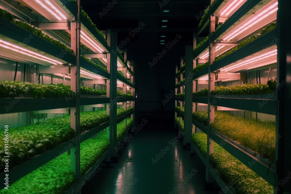modern greenhouse. microgreens and vegetables grow on shelves, for business. ai generative