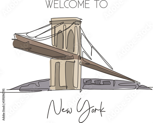 One continuous line drawing Brooklyn Bridge landmark. World beauty iconic place in New York, USA. Home wall decor art poster print concept. Modern single line draw design vector graphic illustration