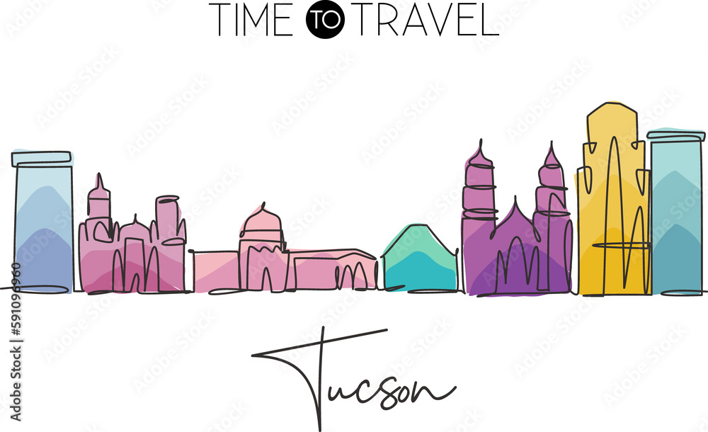 One single line drawing of Tucson city skyline, Arizona. Historical town landscape in the world. Best holiday destination poster. Editable stroke trendy continuous line draw design vector illustration
