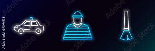 Set line Paint brush, Police car and flasher and Prisoner icon. Glowing neon. Vector