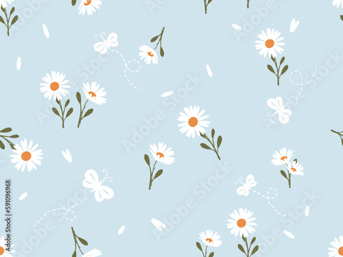 Seamless pattern with daisy flower on blue background vector illustration. © Thanawat