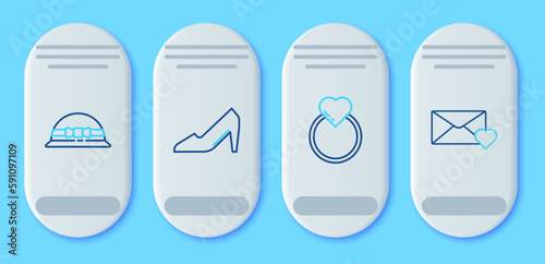 Set line Woman shoe, Wedding rings, Elegant women hat and Envelope with 8 March icon. Vector