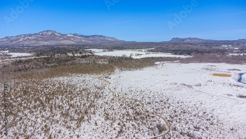 Flying over the cherry river in the Estrie region in winter in Quebec