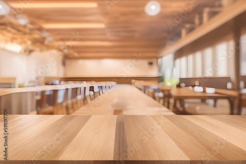 Wooden Table With Blurred Dining Hall Background