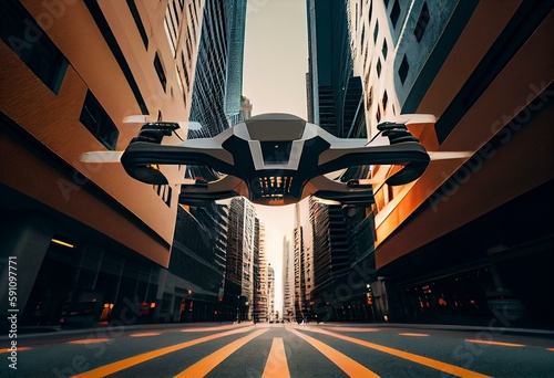 futuristic drone flying in empty deserted streets of autonomous city transport, generative ai
