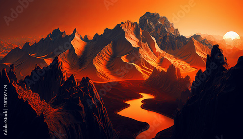 Mountains and river against orange sunset © Crazy Dark Queen