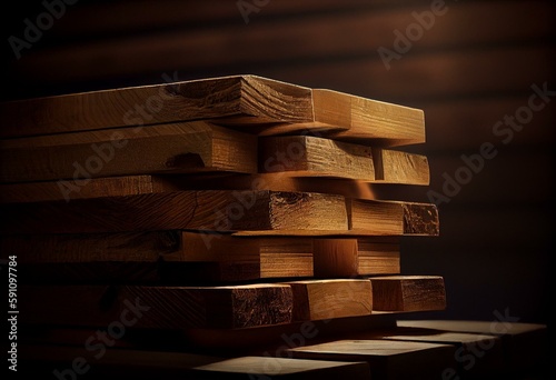 Lumber planks stacked up in four layers. Generative AI