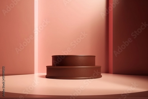 Podium product presentation in chocolate color two layers next to each other. Stage showcase on pedestal. stand for cosmetic products. background light and shadow. Generative AI