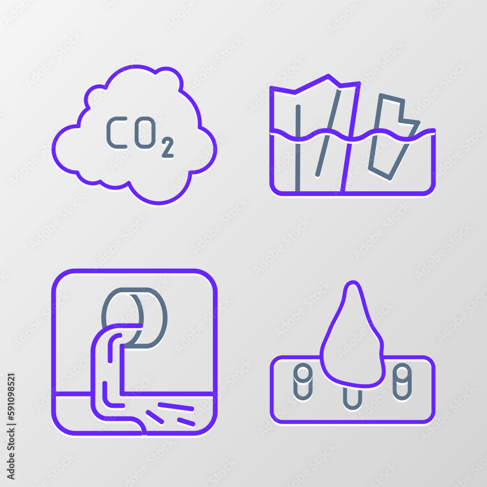 Set line Deforestation, Wastewater, Glacier melting and CO2 emissions cloud icon. Vector Set line Deforestation, Wastewater, Glacier melting and CO2 emissions cloud icon. Vector