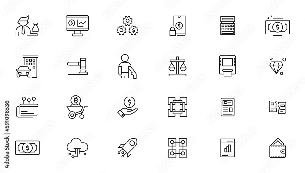 Set of fintech modern icons. Simple line art style icons pack.fintech simple concept icons set. Contains such icons as finance, technology, blockchain, innovation and more, can be used for web