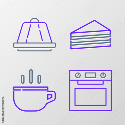 Set line Oven, Coffee cup, Cake and Pudding custard icon. Vector