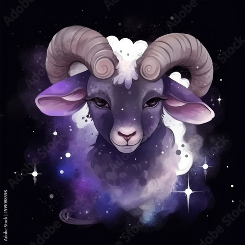 Aries zodiac signs purple black background twinkling stars (ai tools generative)