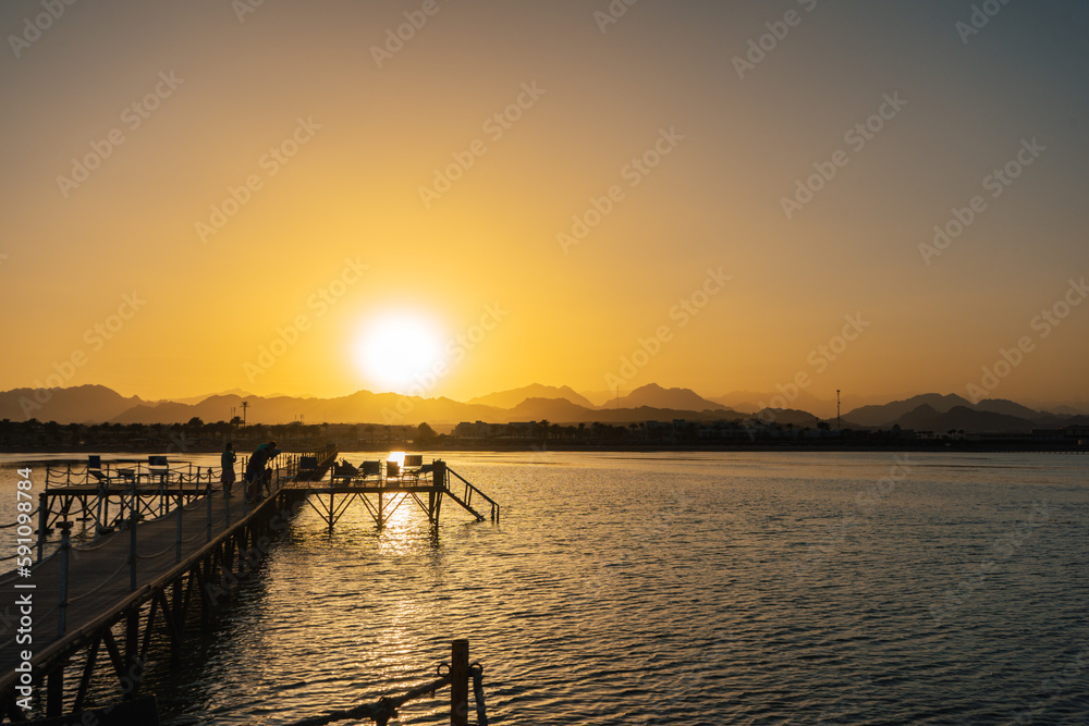 Sunset over the Red Sea and the mountains of Sharm El Sheikh.