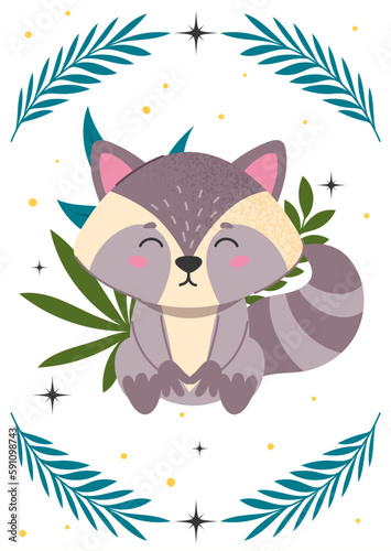 Cover with raccoon. Adorable animal sitting next to bushes and foliage against background of stars. Charming and cute character. Fauna and wild life. Cartoon flat vector illustration
