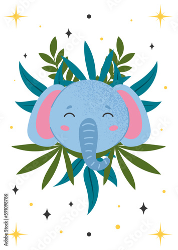 Cover with elephant. Large animal with ears and trunk against background of grass and stars. Predator and mammal. Wild life and African Savannah. Cartoon flat vector illustration
