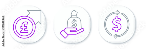 Set line Financial growth and dollar, pound and Hand holding money bag icon. Vector