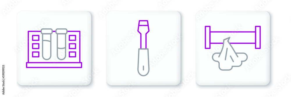 Set line Broken pipe, Test tube with water drop and Screwdriver icon. Vector Set line Broken pipe, Test tube with water drop and Screwdriver icon. Vector