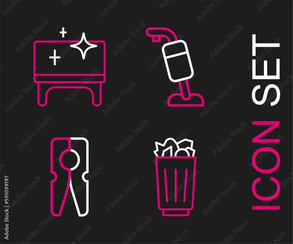 Set line Full trash can, Clothes pin, Vacuum cleaner and Clean table icon. Vector Set line Full trash can, Clothes pin, Vacuum cleaner and Clean table icon. Vector