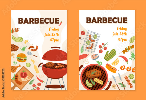 Barbecue flyer templates set. Collection of graphic elements for website. Grill with meat and vegetables. Tasty, but junk fast food. Cartoon flat vector illustrations isolated on orange background