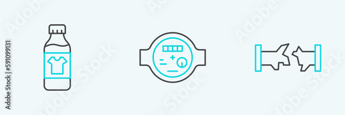 Set line Broken pipe, Bottle for cleaning agent and Water meter icon. Vector