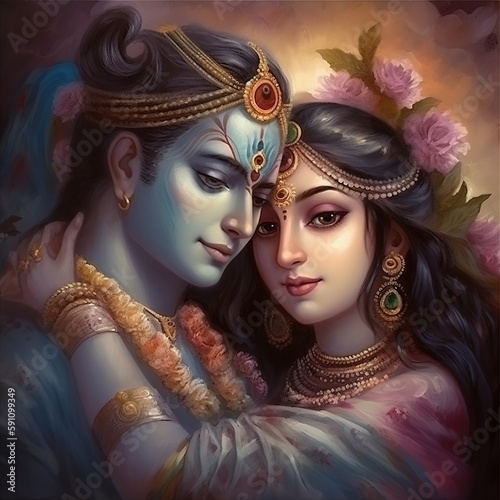 Shree Krishna and Radha illustration, Generative ai photo