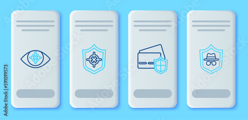 Set line Shield, Credit card with shield, Eye scan and Incognito mode icon. Vector