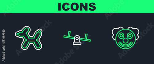 Set line Clown head, Balloon dog and Seesaw icon. Vector