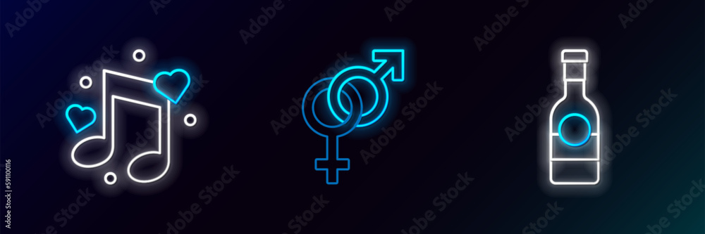 Set line Champagne bottle, Music note, tone with hearts and Gender icon. Glowing neon. Vector Set line Champagne bottle, Music note, tone with hearts and Gender icon. Glowing neon. Vector
