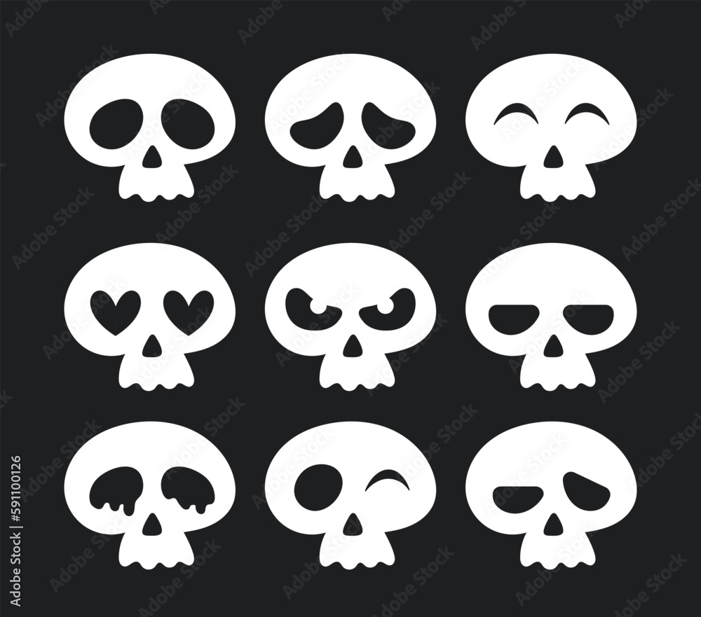 Cute skulls set. Social media sticker for Halloween and Day of Dead, Dia de los muertos. Emotion and emoji with skeleton, ghost face. Cartoon flat vector illustrations isolated on black background