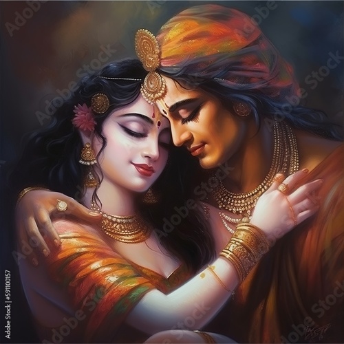 Shree Krishna and Radha illustration, Generative ai photo