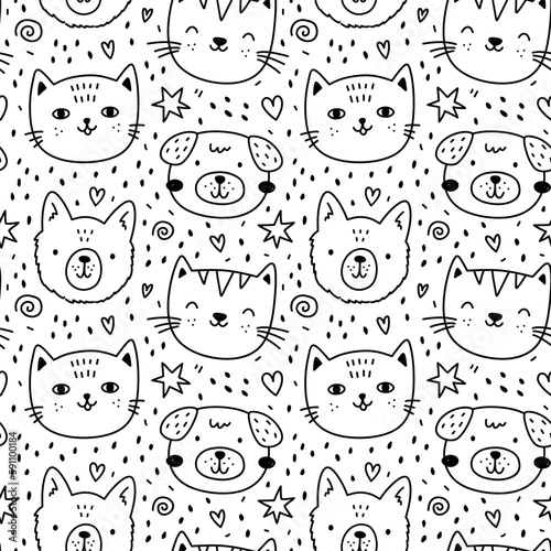 Cute seamless pattern with cats and dogs on white background. Vector hand-drawn illustration in doodle style. Perfect for print, decorations, wrapping paper, wallpaper.