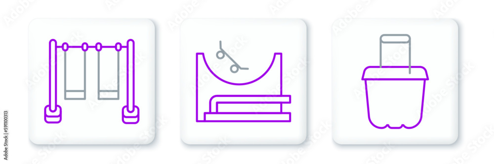 Set line Sand in bucket, Double swing and Skate park icon. Vector