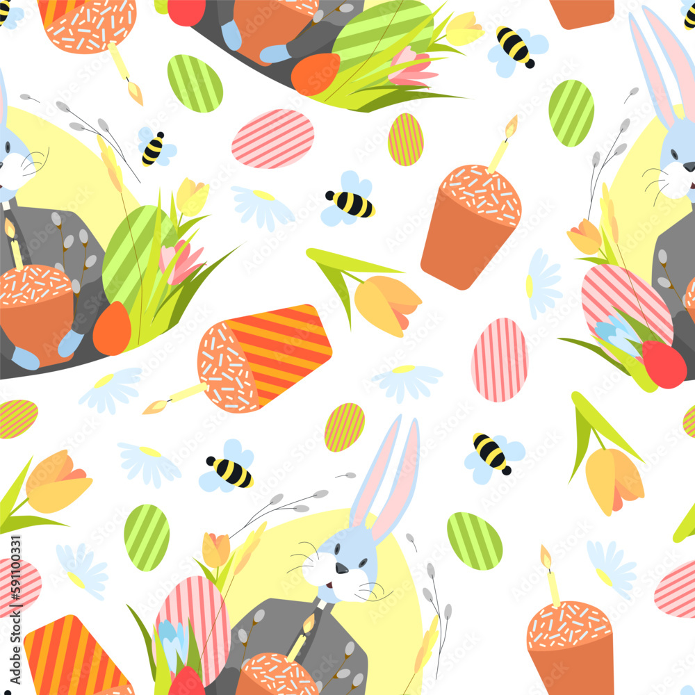Vector seamless texture on a white isolated background with an Easter bun and an Easter bunny priest and Easter eggs