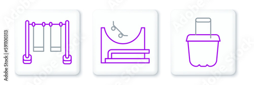 Set line Sand in bucket, Double swing and Skate park icon. Vector