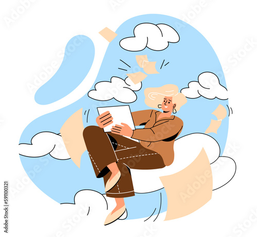 Email filtering antispam. Woman in sky reads letters. Fight against viruses and hackers, security on Internet and online correspondence. Girl check incoming mails. Cartoon flat vector illustration