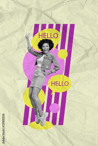 Collage template picture image magazine poster of overjoyed joyful crazy girl have fun celebrate date disco isolated on painted background