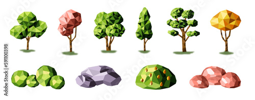 Set of low poly trees, bushes, and stones. Geometric 3D trees. Entourage elements for the landscape design. Vector.