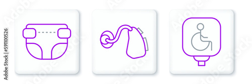 Set line Disabled wheelchair, Adult diaper and Hearing aid icon. Vector
