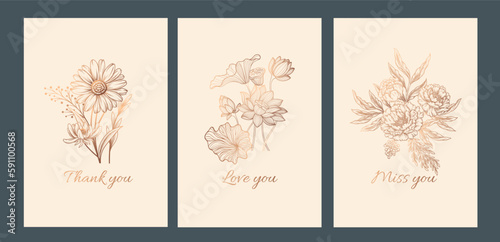 Floral cards set. Collection of posters and banners for website. Aesthetics and elegance. Contour golden flowering plants and flowers. Trendy flat vector illustrations isolated on dark background
